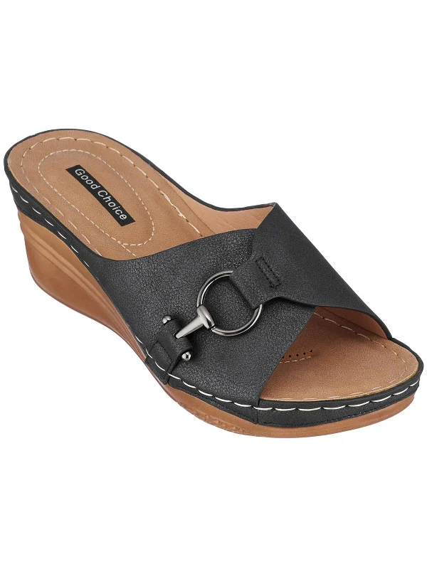 Can't Beat Bay Womens Faux Leather Slip On Wedge Sandals