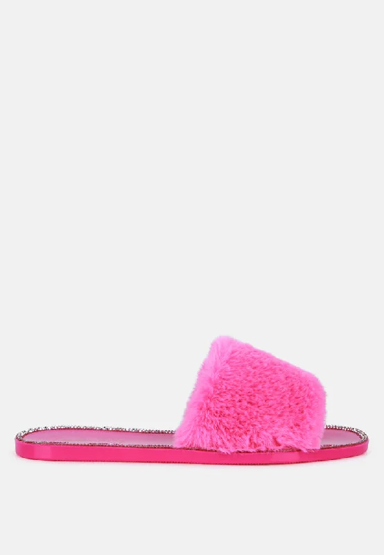 Stock Clearance geese faux fur diamante detail jelly flats