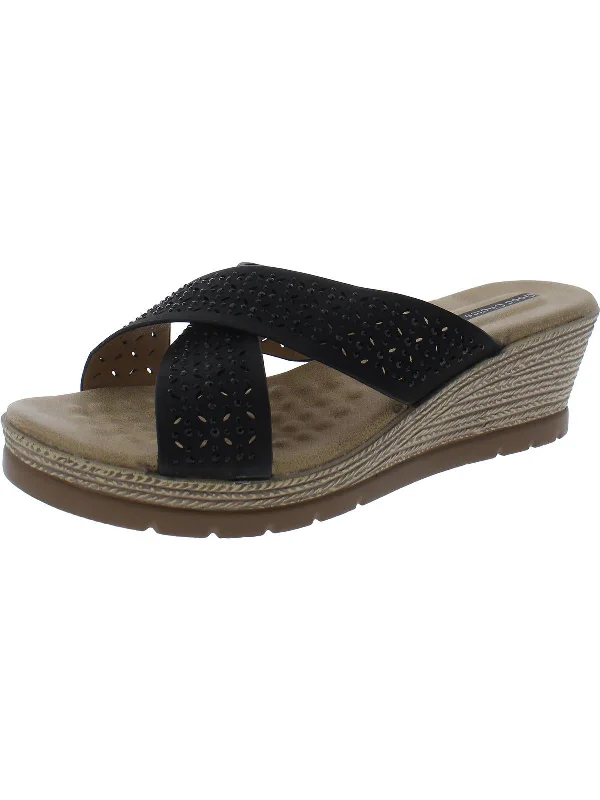 Year-End Clearance Malia Womens Faux Leather Embellished Wedge Sandals