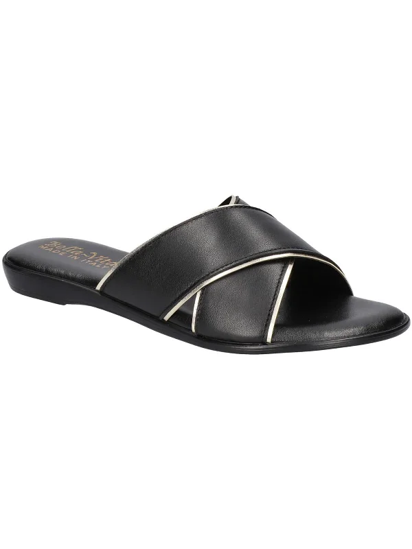 Price Reduction Tab Womens Leather Metallic Trim Slide Sandals