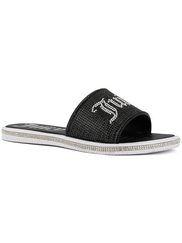 Online Only Womens Faux Leather Rhinestones Slide Sandals