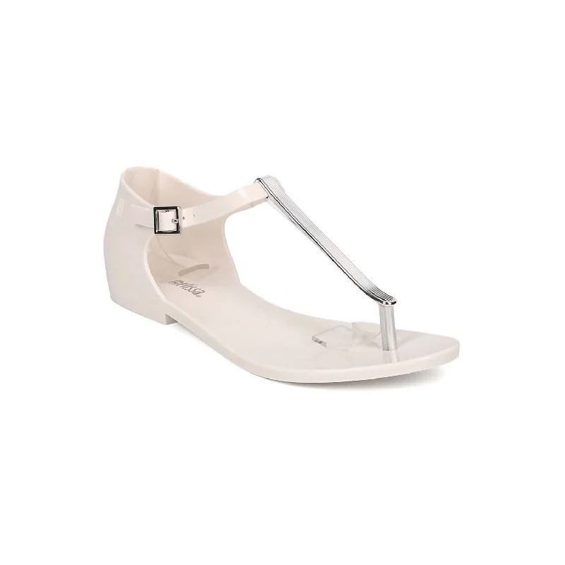 Weekend Savings Sensation Women's Honey Chrome Jelly Metallic T-Strap Flat Sandal In White